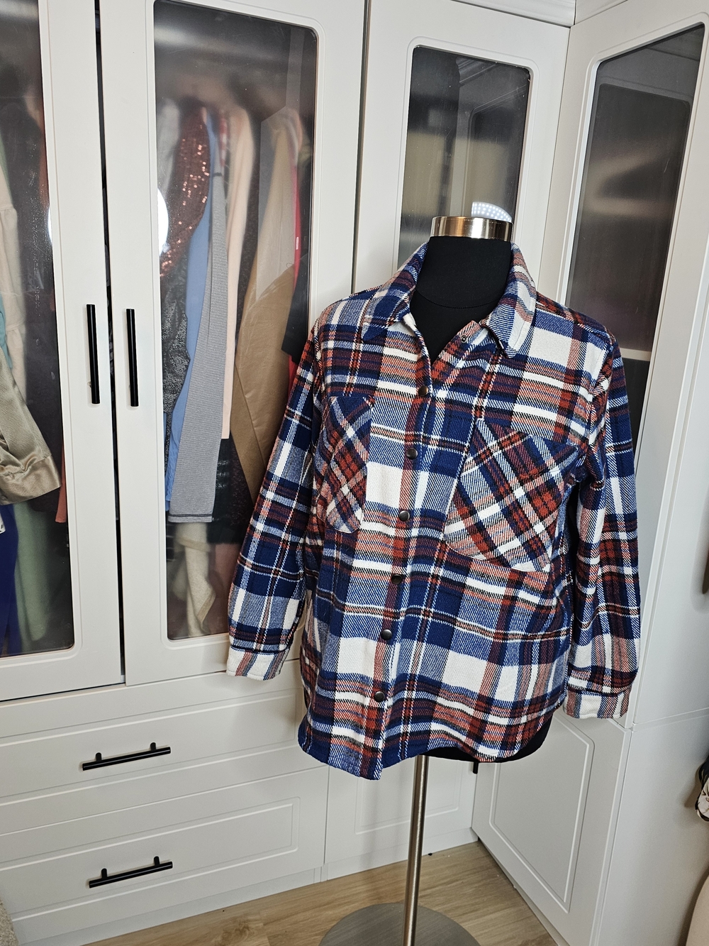 Women's Navy Blue & White Plaid Shacket